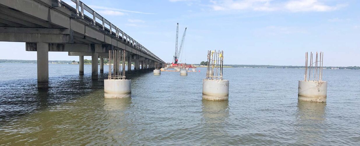 bridge foundations in the water for SH 334 Bridge and Roadway